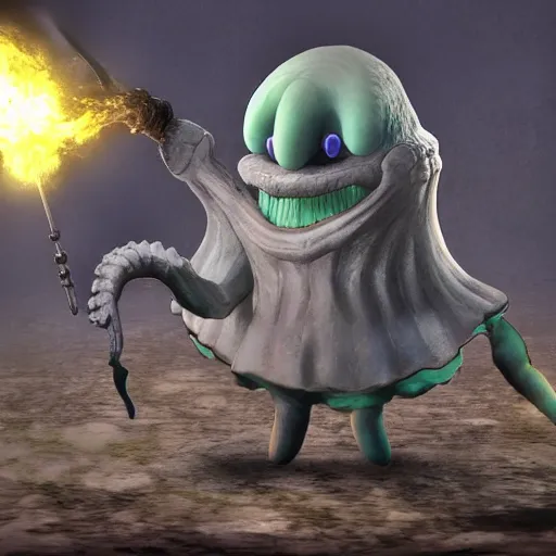 Prompt: squidward as a dark souls boss by Sean murray