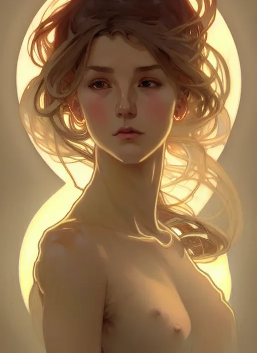 Prompt: digital character concept art by artgerm and greg rutkowski and alphonse mucha. clear portrait of a young wife blessed by god to uncontrollably become overwhelmingly perfect!! blonde, clothed, super feminine holy body!! light effect. hyper detailed, glowing lights!! intricate, elegant, digital painting, artstation, smooth, sharp focus