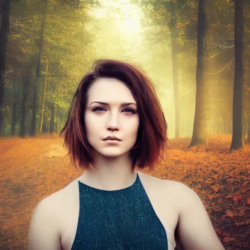 Image similar to an hd photo of a young woman with short brown hair and green eyes, beautiful trees in the background, night sky with stars and galaxies, trending on artstation