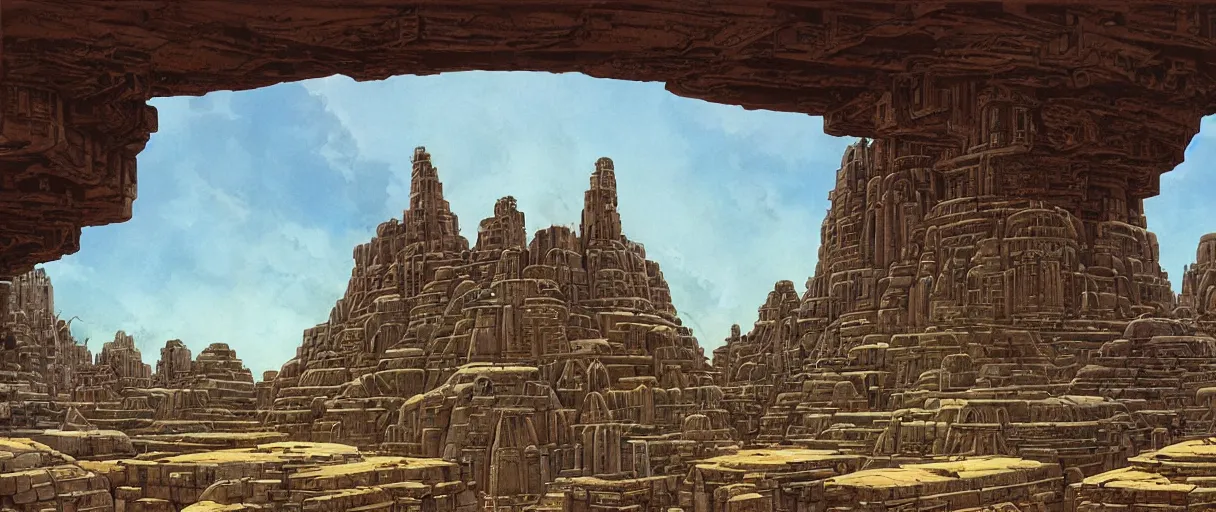 Image similar to A beautiful illustration of an ancient city built by advanced Feline Aliens by Robert McCall and Ralph McQuarrie | sparth:.2 | Time white:.2 | Rodney Matthews:.2 | Graphic Novel, Visual Novel, Colored Pencil, Comic Book:.1 | unreal engine:.3 | first person perspective | viewed from below | establishing shot:.7