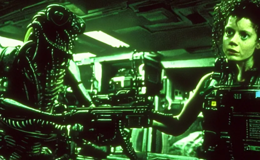 Image similar to the scene from aliens where ripley is in a powerloader but it's kermit the frog vfx film