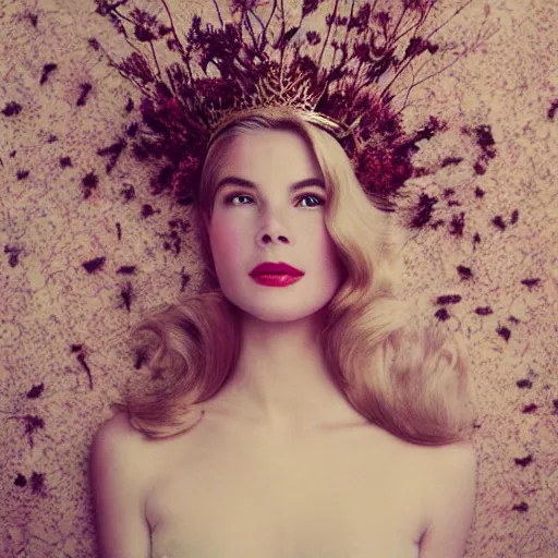 Image similar to fine art photo of grace kelly, she has a crown of dried flowers, by oleg oprisco