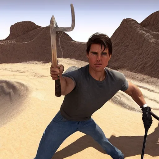 Image similar to tom cruise digging a giant hole with a shovel in a desert, photorealistic, unreal engine