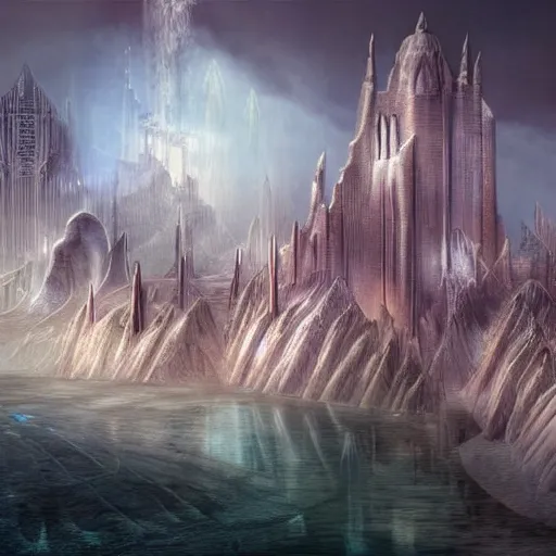 Prompt: fantasy rendering of atlantis rising, art deco city, torrent, maelstrom, dante, chiseled formations, atmospheric, ambient, frost, matte painting