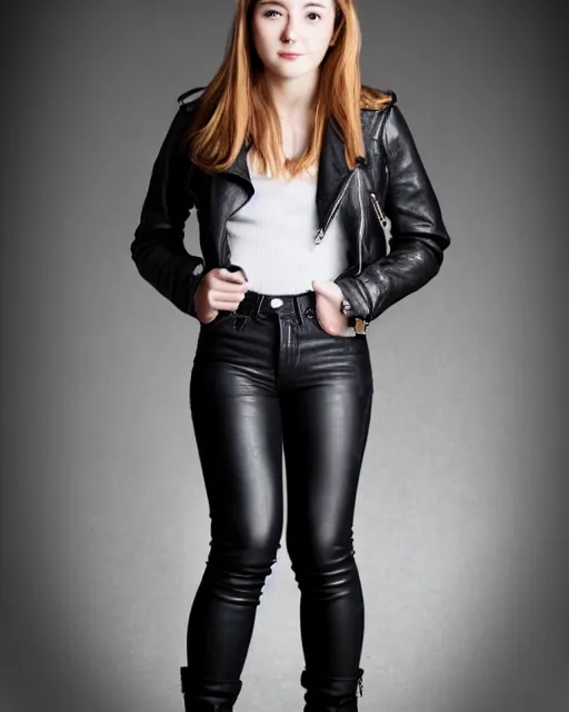 Image similar to young woman in her 20s, she wears a leather jacket and boots, full body view, taken by a nikon, very detailed face