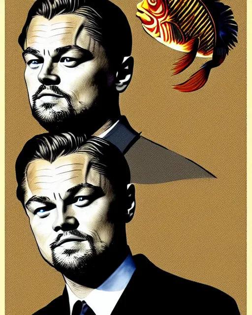 Image similar to painting portrait of leonardo dicaprio as a carp fish, cartoon, warm lighting, leonardo dicaprio has a carp fish body. leonardo dicaprio's face on a carp fish's body movie poster, illustration by bartek fedyczak, erak note, tooth wu, neil richards, kan liu, siwoo kim, jisu choe, trending on art station