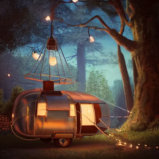 Prompt: treehouse made of a vintage airstream, fairy lights, fine art, cinematic lighting, hyperdetailed, photorealistic, high resolution, cozy!, award winning, featured in artstation, octane render