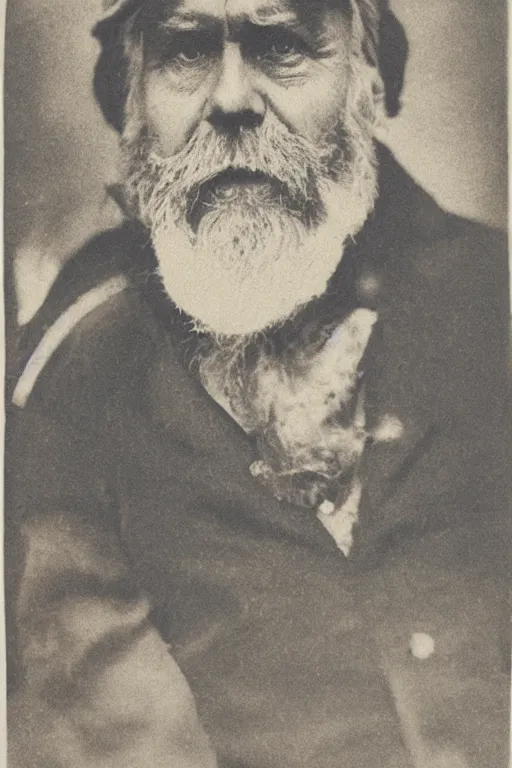 Prompt: a Cyanotype photograph of a grizzled old sea captain