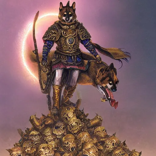 Image similar to anthropomorphic shiba inu, gold armor, standing on hill, graveyard full of bones and skulls, stuning fantasy 3 d render, masterpiece, glowing dark aura, by donato giancola and greg rutkowski and wayne barlow and zdzisław beksinski, realistic face