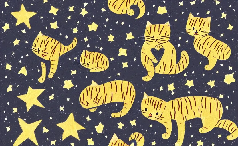 Image similar to drawing of night sky full of cats and stars, dreamy