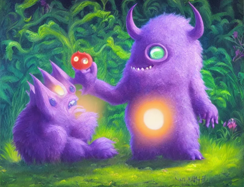 Prompt: cute monster in the garden. oil painting by award - winning comic artist. backlighting, chiaroscuro, depth of field, luminescent colors.