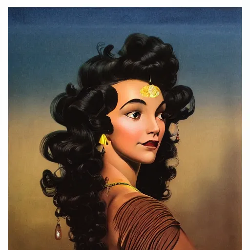 Prompt: a oil painting of a fair skin with dark curly stylised hair queen wearing dress, by hans emmenegger, by bruce pennington, by eyvind earle, by nicholas roerich, by frank frazetta, by georgia o keeffe, highly detailed, realistic, concept art, jewels, tiles curtains, oriental, desaturated