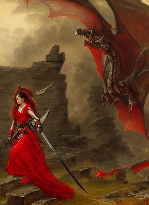 Prompt: woman in dark and red princess dragon armor, she is holding a katana sword, walking on the mystical ancient ruins. by william henry hunt