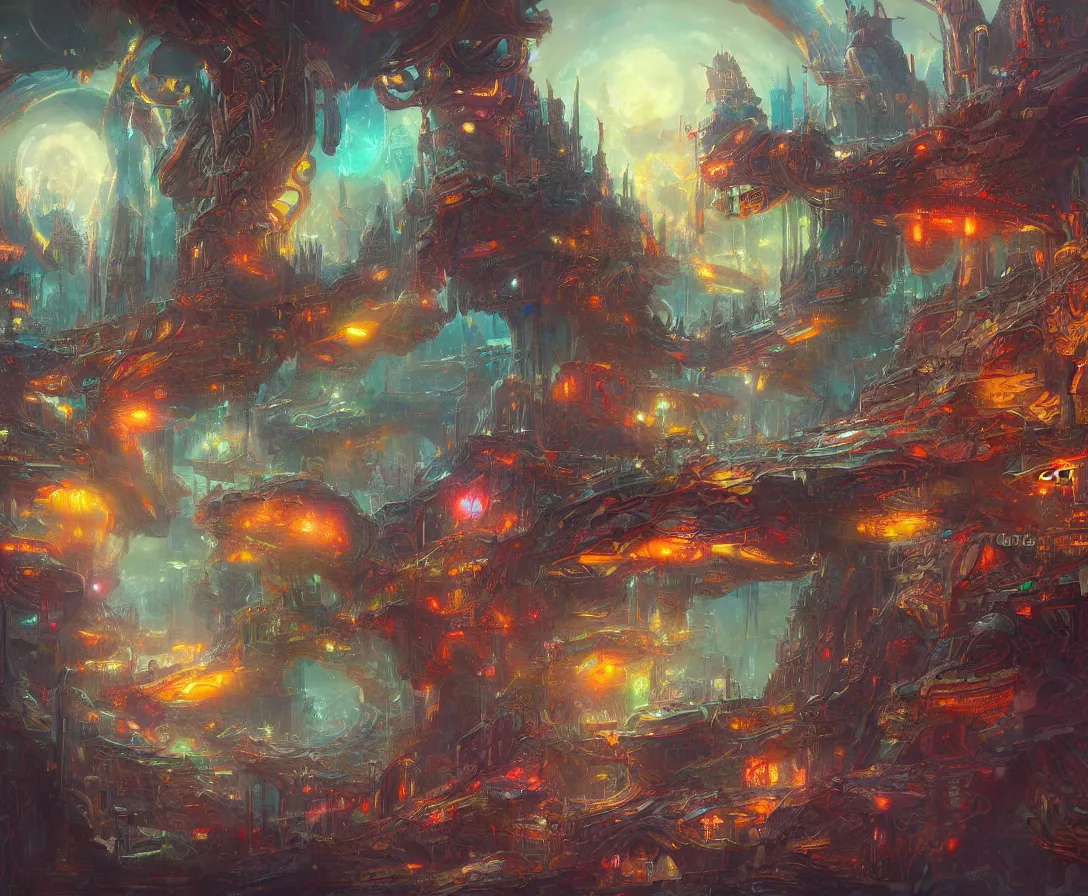 Image similar to detailed painting of an intricate fantasy sci-fi-world, colorful, dreamy, concept art