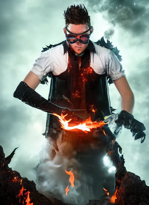 Image similar to An epic fantasy comic book style portrait painting of young man with red spiked long hair, using googles. Wearing a black waistcoat, white shirt. Fire on his hands. Unreal 5, DAZ, hyperrealistic, octane render, cosplay, RPG portrait, dynamic lighting