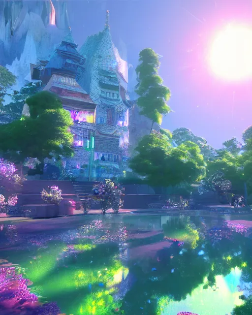 Prompt: a beautiful holograph of crystal castle by makoto shinkai, unreal engine, dreamlike, reflection, soft lighting, gems, prism, iridescence