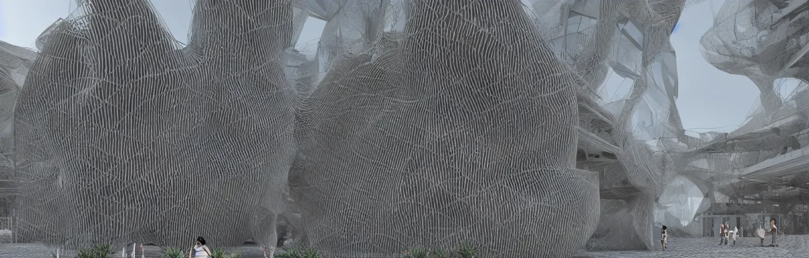 Prompt: A parametric building with intricate mesh design, concrete texture with wood insertions, plants, people walking, wide angle, cinematic light, render, 4k, mood, zbrush, octane