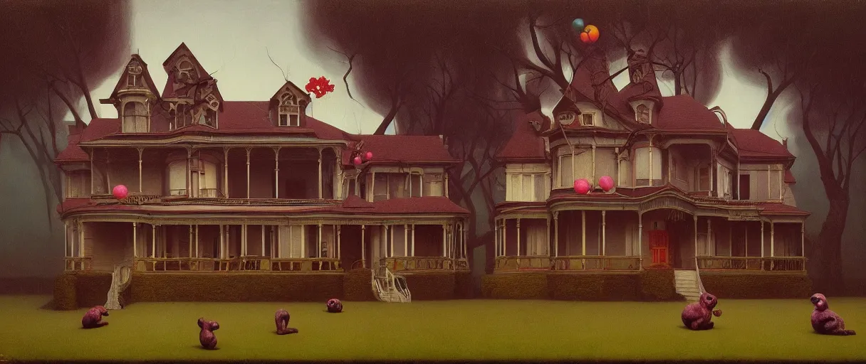 Prompt: old victorian house, playful sloths wearing clown outfits, Edward Hopper and James Gilleard, Zdzislaw Beksinski, Mark Ryden, Wolfgang Lettl highly detailed