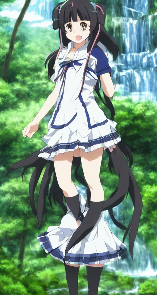 Prompt: high quality anime-style image of Hestia from Is It Wrong to Try to Pick Up Girls in a Dungeon wearing a plaid schoolgirl skirt, green curled pigtails hair, standing near a waterfall, 4k, digital art, wallpaper