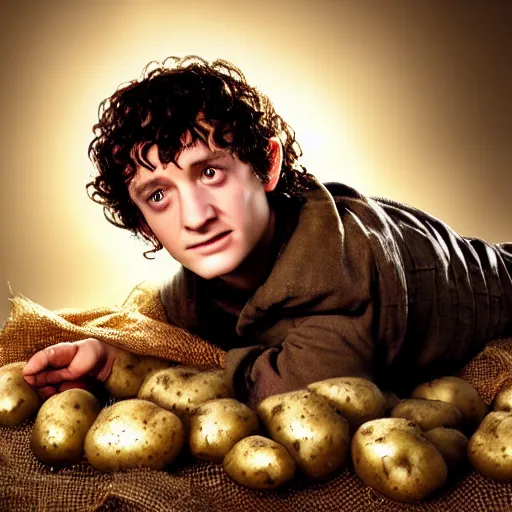 Image similar to frodo from lord of the rings in a burlap sack of potatoes surrounded by potatoes, potatoes, photography, realistic, mid shot, in the shire, cinematic lighting