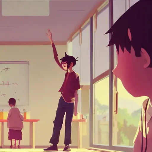 Prompt: passionate teacher teaching with passion in front of motivated pupils a classroom ( students are raising their hand ), detailed, cory loftis, james gilleard, atey ghailan, makoto shinkai, goro fujita, studio ghibli, rim light, exquisite lighting, clear focus, very coherent, plain background