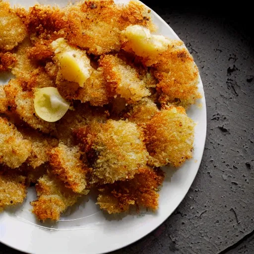 Prompt: a plate of breaded scampi underwater, trawl damaged seafloor