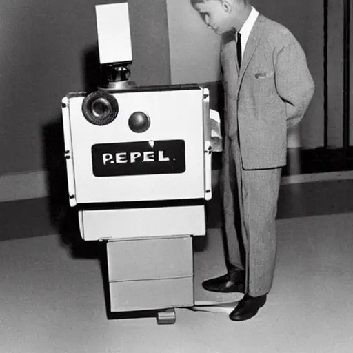 Image similar to old style reel projector with a body in a suit, 1964 photograph, colorized