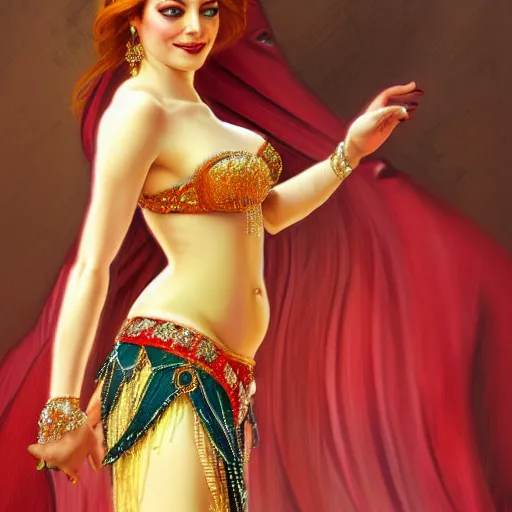Image similar to a portrait of emma stone dressed as a belly dancer, arabian night, high quality, fully detailed, 4 k, in focus sharp face with fine details, realistic hand details and anatomy, inspired by belly dancer on youtube, alphonse mucha, masterpiece, stunning, artstation