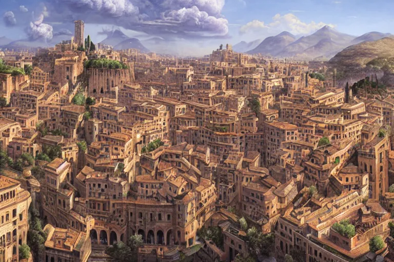 Image similar to an ultra detailed matte landscape painting of an italian renaissance capital city built on top of a large hill with many tall spirally towers, sweeping vista, italian renaissance architecture, ultrawide lens, aerial photography, 8 k, volumetric lighting, smooth, highly detailed, digital illustration, art by greg rutkowski and akira toriyama and artgerm