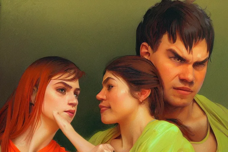 Image similar to portrait of a man in orange t - shirt wrestling with a girl in green dress, highly detailed, digital painting, artstation, concept art, smooth, sharp focus, illustration, art by artgerm and greg rutkowski and alphonse mucha