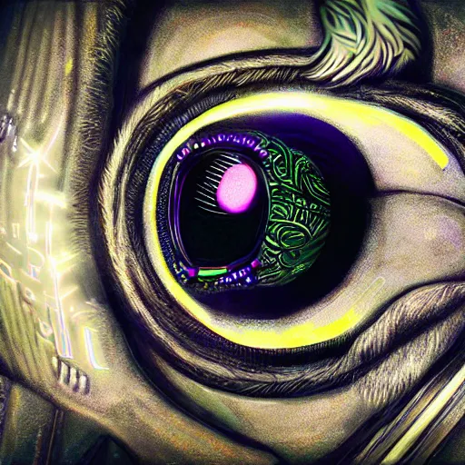 Prompt: cybernetic owl eye, futuristic, cyberpunk, digital illustration, photo - realistic, macro, extremely detailed, vivid, neon, dramatic lighting, intricate details