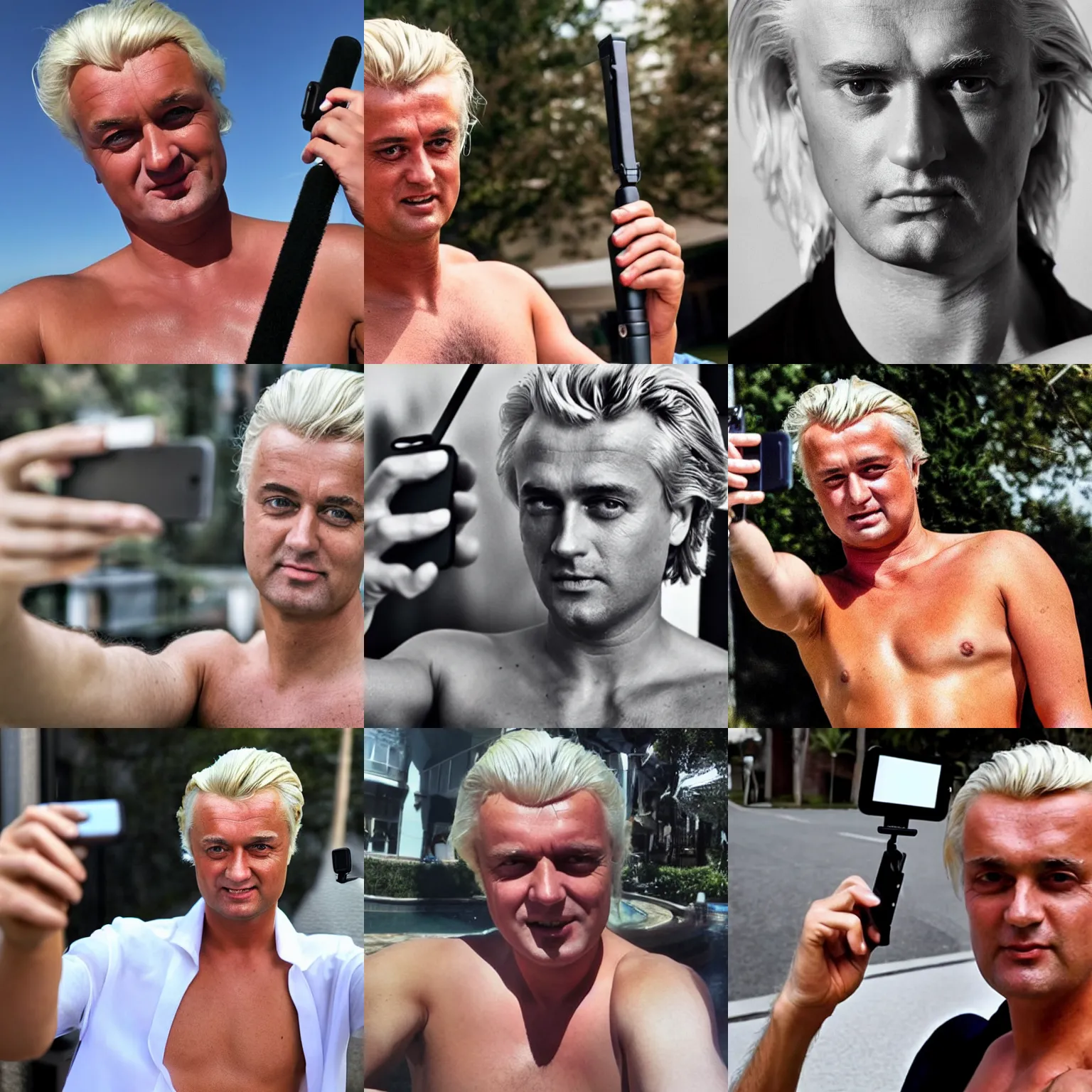 Prompt: shirless geert wilders looking seductive in camera, holding selfie stick, 4 k