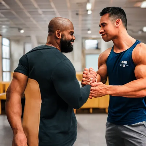 Image similar to two muscular menshaking hands in a way that looks like they are arm wrestling. sigma 8 5 mm f / 1. 4