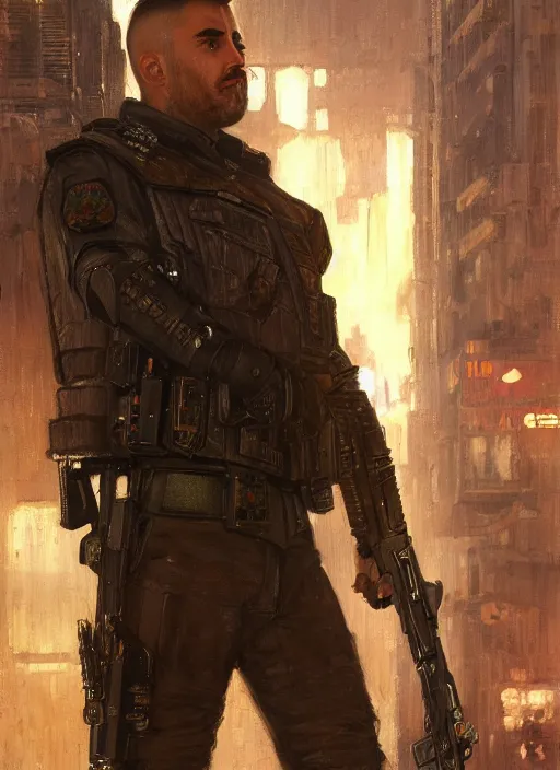 Image similar to gengis khan. cyberpunk police trooper in a military vest ( blade runner 2 0 4 9, cyberpunk 2 0 7 7 ). orientalist portrait by john william waterhouse and james gurney and theodore ralli and nasreddine dinet, oil on canvas. cinematic, hyper realism, realistic proportions, dramatic lighting, high detail 4 k