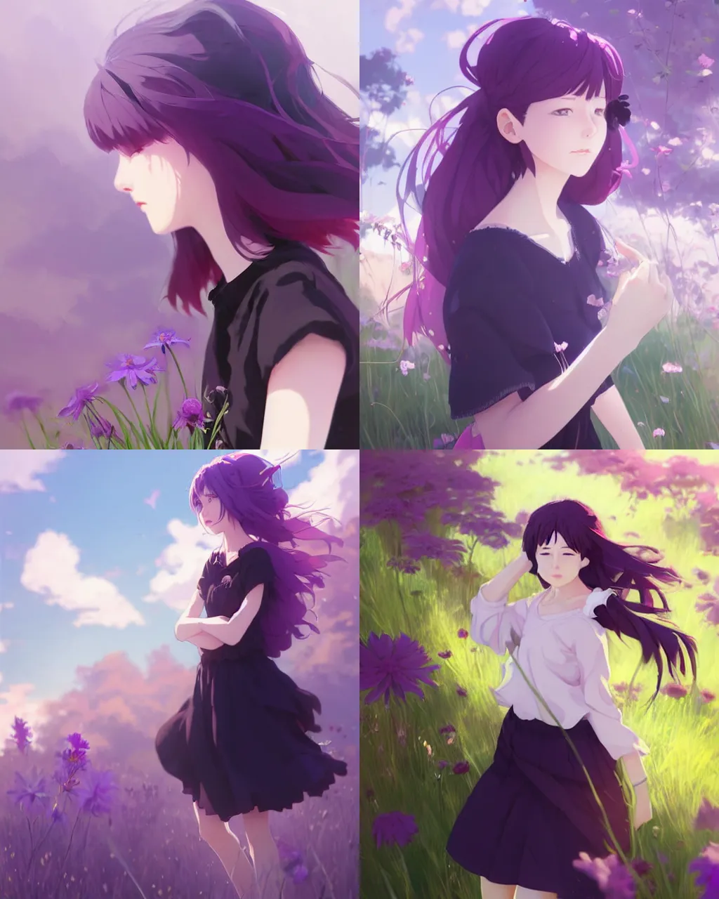 Image similar to girl with purple hair and black skirt, there are many flowers around, a beautiful portrait, top lighting, perfect shadow, soft painting, art by hidari and makoto shinkai and wenjun lin