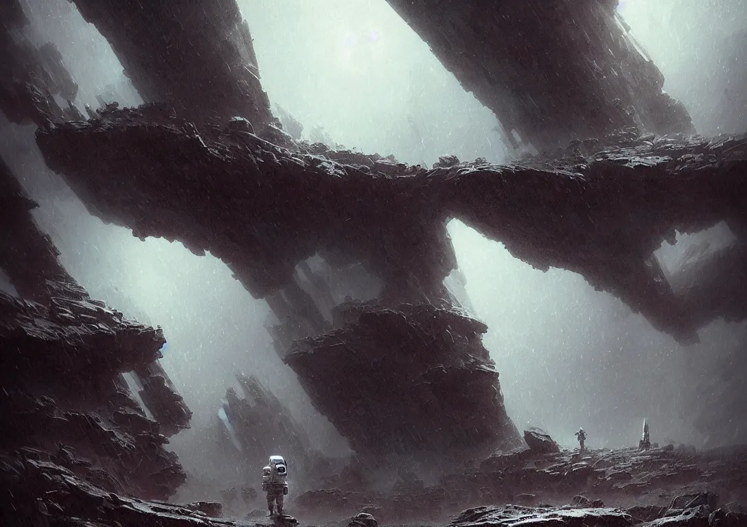 Image similar to astronaut exploring a strange surface of another planet while it's raining, mist and wind, there are ruins of ancient civilization, ultra high definition, ultra detailed, symmetry, sci - fi, dark fantasy, in style of heavy metal comic, dark and horror style, metal by greg rutkowski and ross tran