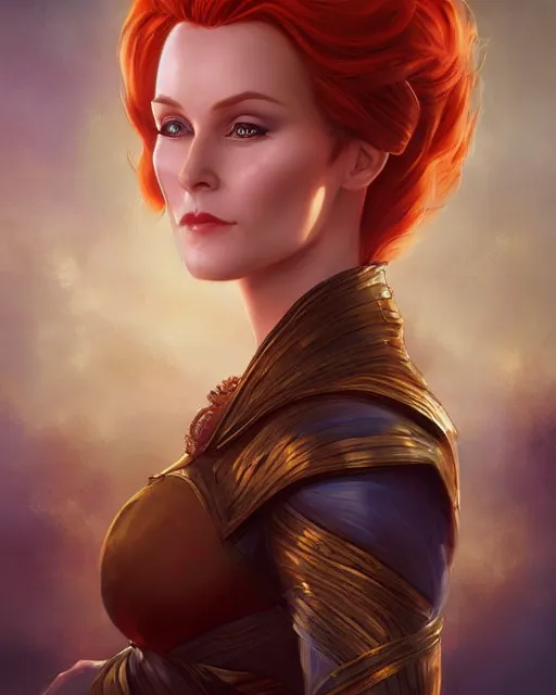 Prompt: a stunning portrait of triss merigold as a queen, digital art by julie bell and artgerm and ross tran and angel ganev, medium shot portrait, highly detailed, trending on artstationhq