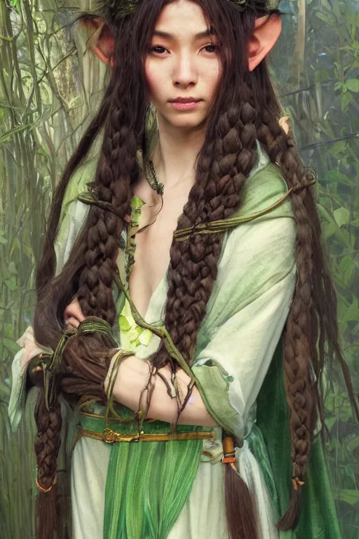 Prompt: a highly detailed portrait painting of a beautiful healer elf, female, long brown hair with braids and green highlights, long elf ears, asian decent, facial tribal markings, green and brown robe with leave ’ s, by greg rutkowski and alphonse mucha, sharp focus, matte, concept art, artstation, digital painting