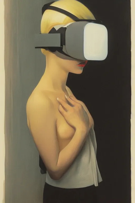 Image similar to Woman wearing oculus and toilet paper over his head, Edward Hopper and James Gilleard, Zdzislaw Beksisnski, highly detailed