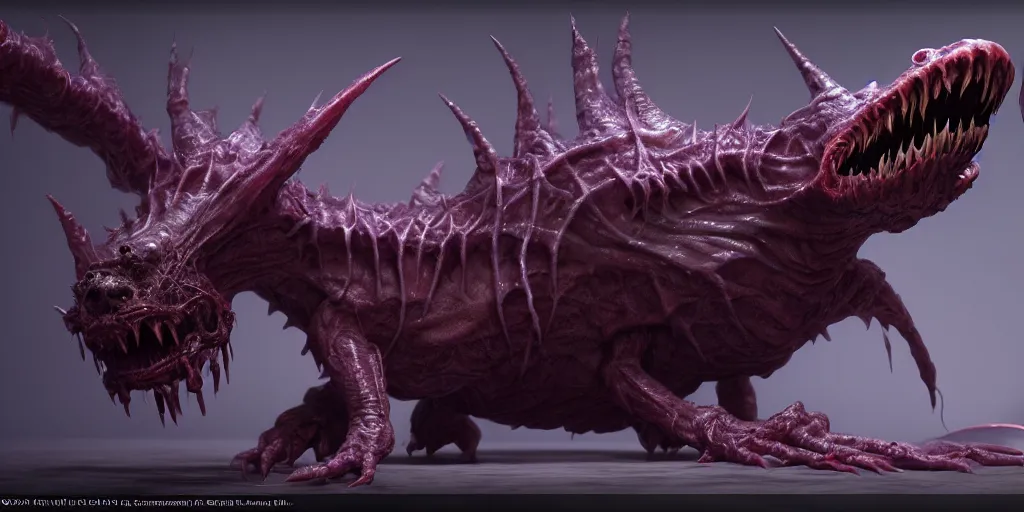 Image similar to a cosmic horror pet by neville page, ken barthelmey, carlos huante and doug chiang, sharp focus, trending on artstation, hyper realism, octane render, 8 k, hyper detailed, ultra detailed, highly detailed, zbrush, concept art, creature design