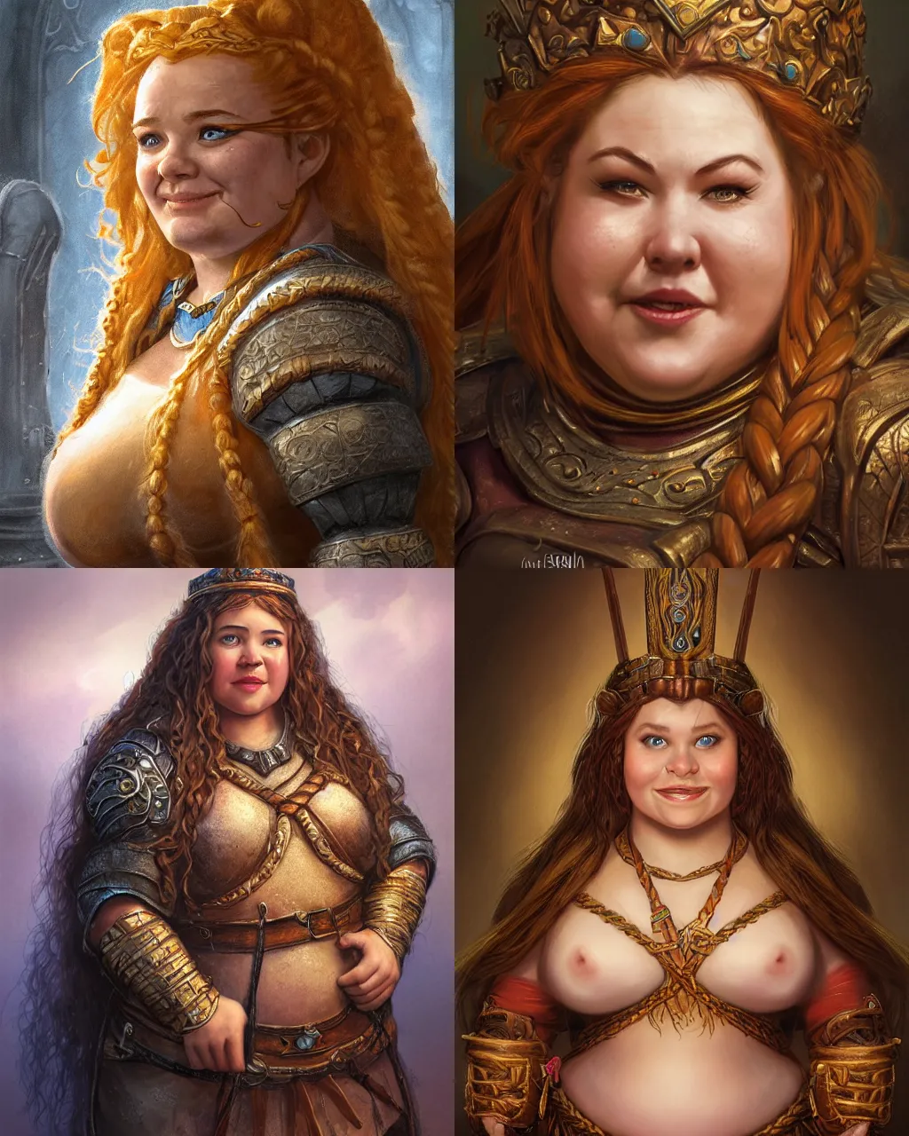 Prompt: portrait, chubby hearty benevolent female dwarf queen, complex braided hair, regal and proud robust woman, cheerful expression, big nose style by jeff easley, brian froud, jeff easley dramatic light, high detail, cinematic lighting, artstation, dungeons and dragons, throne room,