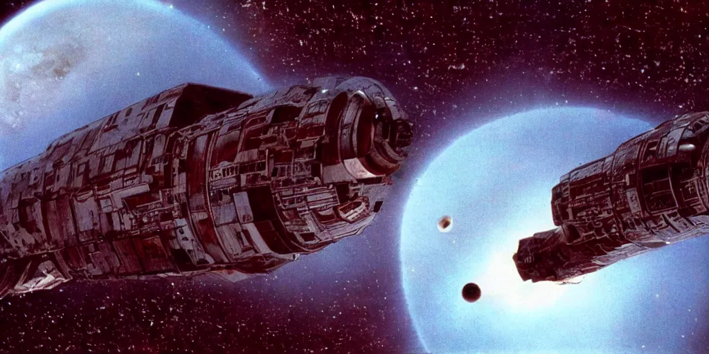 Prompt: film still of a space ship freighter in orbit, dark and rusty, ridley scott, 1 9 8 0 s science fiction, dark science fiction movie
