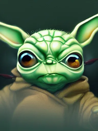 Image similar to baby yoda with red eyes smocking joint, digital painting, artstation, highly detailed