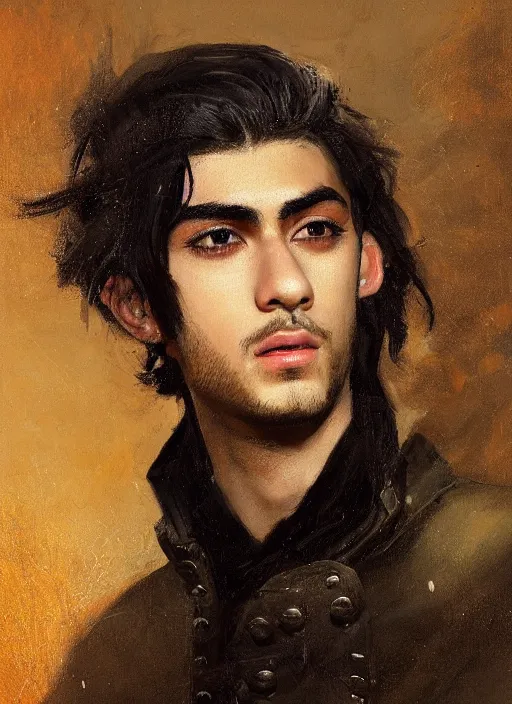 Image similar to head and shoulders portrait painting of young man who looks like zayn malik as an elf by jeremy mann, wearing leather napoleonic military style jacket, only one head single portrait, pointy ears, black background, soft top lighting, moody, shadowed