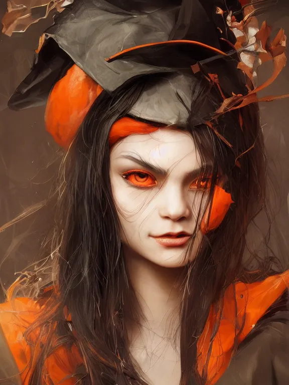 Image similar to Full shot of a mischievous young witch about to get up to some trouble. Latin American fashion. Black and Orange palette. Latina girl. brown skin. Symmetrical facial features. By Ruan Jia and Artgerm and Range Murata and WLOP and Ross Tran. Key Art. Fantasy Illustration. award winning, Artstation, intricate details, realistic, Hyperdetailed, 8k resolution.