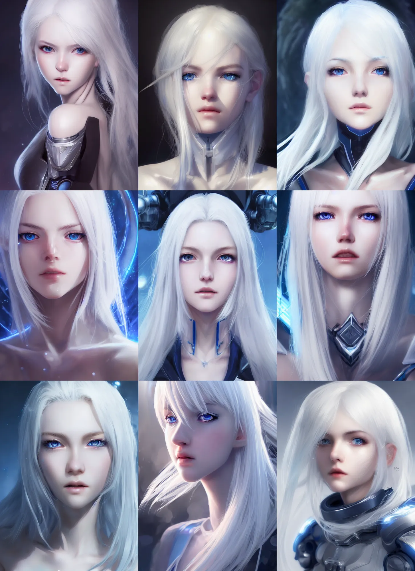 Prompt: detailed portrait of perfect white haired girl, android, beautiful, pretty face, blue cyborg eyes, innocent, scifi, 4 k, sun yunjoo, ultra realistic, highlights, cinematic lighting, highly detailed, sharp focus, artstation, masterpiece, art by hyungjin yang and akihiko yoshida