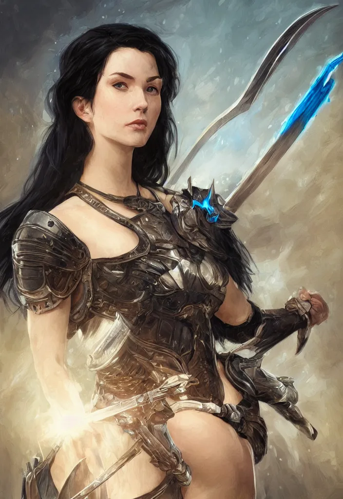 Image similar to portrait of a woman dressed in plate armor with black hair and blue eyes wielding a greatsword, elegant, digital illustration, fire magic, detailed, intricate, sharp focus, digital painting, deep focus, digital painting, artstation, concept art, matte, art by artgerm and greg rutkowski and alphonse mucha