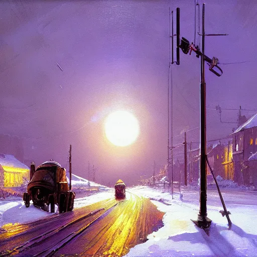 Prompt: painting of syd mead artlilery scifi organic shaped electric pole with ornate metal work lands on a snowy road, fossil ornaments, volumetric lights, purple sun, andreas achenbach