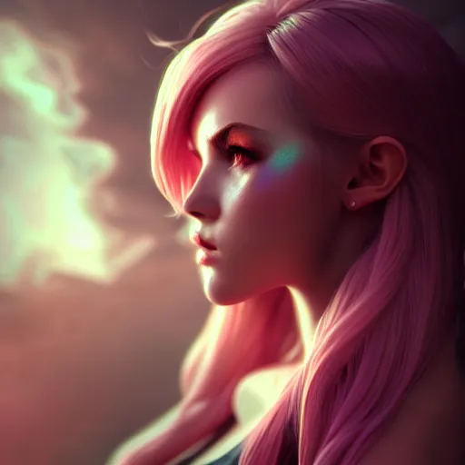 Prompt: Portrait of Lux from league of legends, anger, mystery, fear, highly detailed, ominous vibe, smoke, octane render, cgsociety, artstation, trending on ArtStation, by Marie Magny