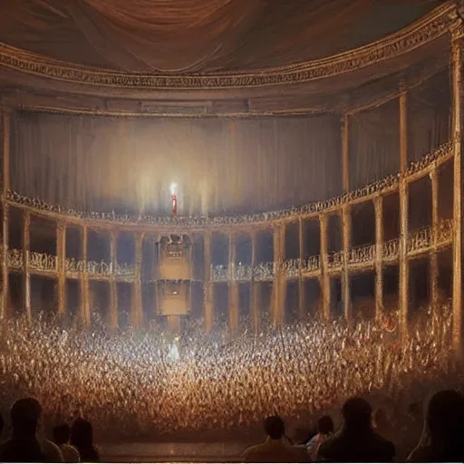 Image similar to Painting by Greg Rutkowski, hundreds of spectators look at an illuminated girl in a white long dress on a theater opera stage with an orchestra, view from the hall